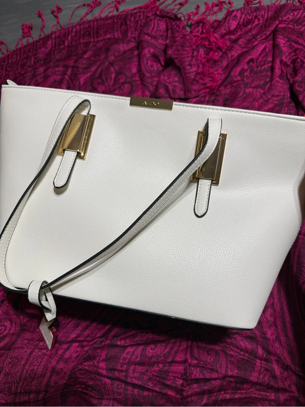 Aldo Structured White Leather Tote with Gold Accent Hardware - Picture 1 of 4
